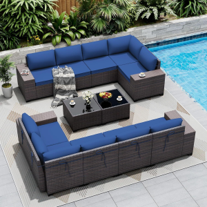 ASJMR 12 Pieces PE Rattan Patio Furniture Conversation Set with Coffee Table & Cushions,Navy