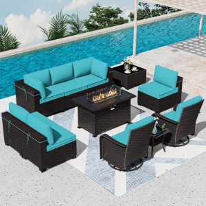 ASJMR 11 Pieces PE Wicker Conversation Furniture Set with 43" Propane Gas Fire Pit Table & Swivel Rocking Chairs，Green