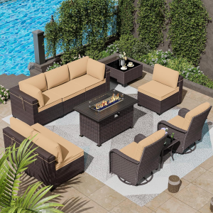 ASJMR 11 Pieces Outdoor Patio Furniture Set with 43" Gas Fire Pit Table & 2 Swivel Chairs,Sand